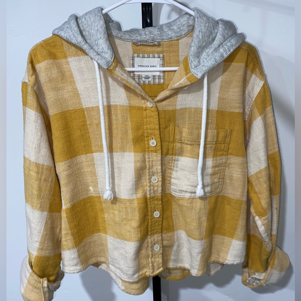 Cropped Flannel Button Down Hoodie